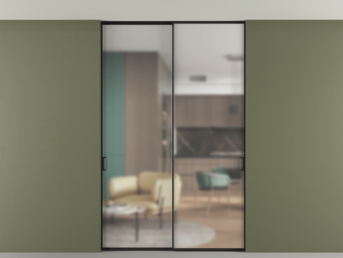 Перегородка Формато внутри проёма скрытое крепление в потолок 2 створки АЛПР 040.01 Алюминий Черный Сатинированное стекло "Мателюкс Кристал Вижн", калёное, матовое, каленое 6 мм Цена 279170 ₽ | Volhovec