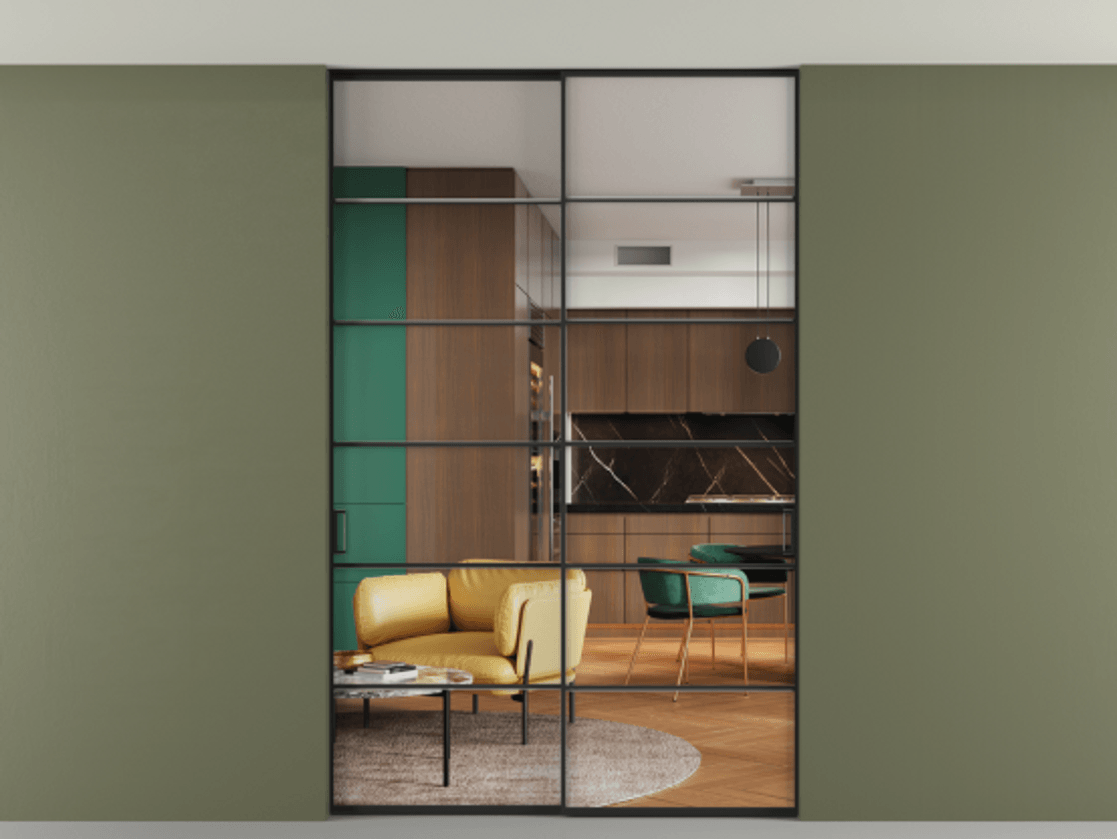 Перегородка Формато внутри проёма скрытое крепление в потолок 2 створки АЛПР 040.04 Алюминий Черный Прозрачное стекло "Кристал Вижн", калёное Цена 303560 ₽ | Volhovec