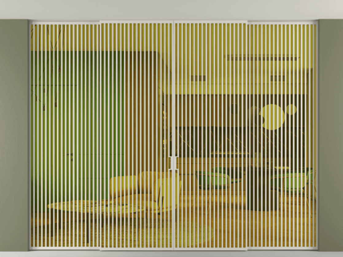 Перегородка Формато внутри проёма скрытое крепление в потолок 4 створки АЛПР 040.06 Алюминий тёплый серый Прозрачное жёлтое стекло, триплекс Цена 802012 ₽ | Volhovec