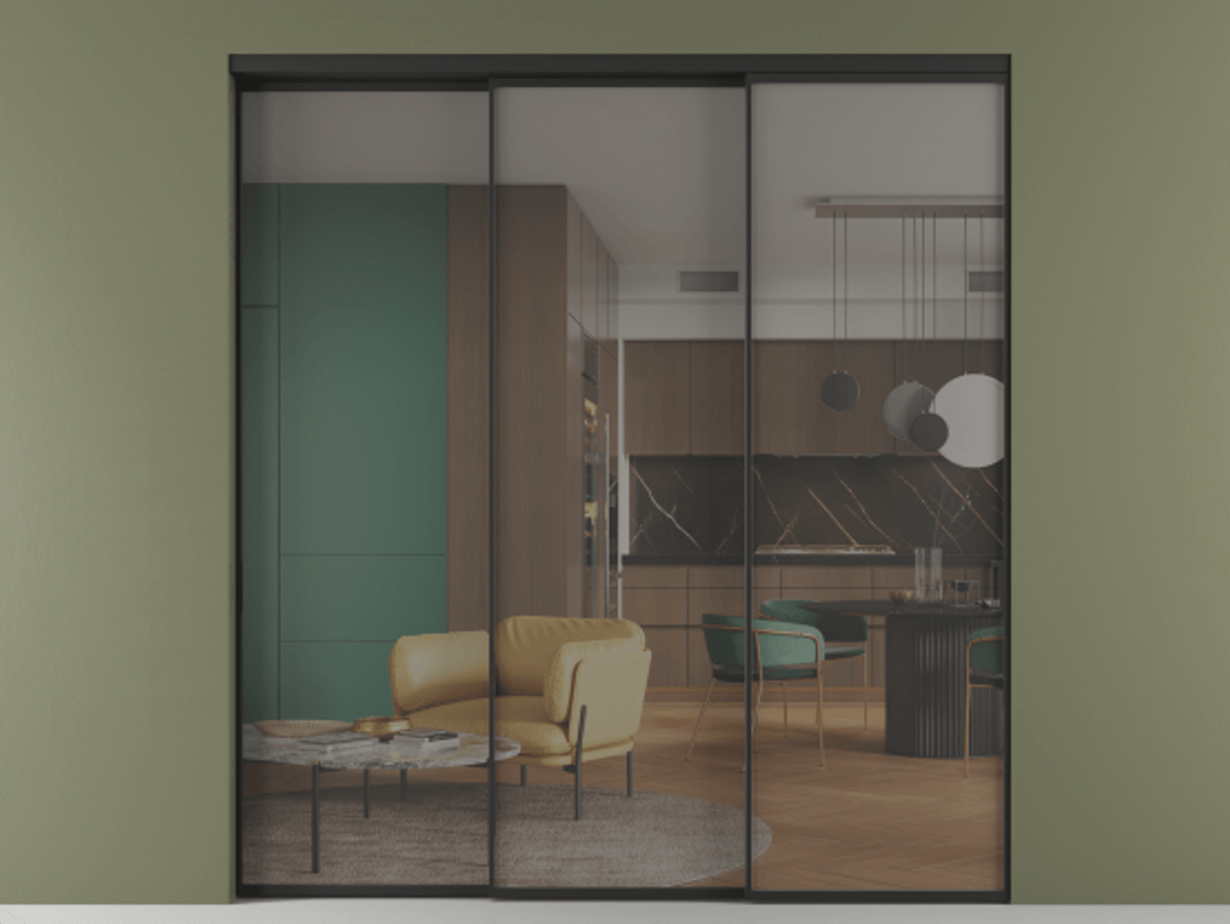 Перегородка Формато внутри проёма 3 створки с синхронным механизмом АЛПР 040.01 Алюминий Черный Прозрачное серое стекло, триплекс Цена 347730 ₽  | Volhovec