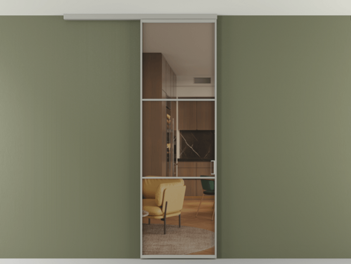 Перегородка Формато вдоль стены на потолок 1 створка АЛПР 040.03 Алюминий нейтральный серый Прозрачное бронзовое стекло, триплекс Цена 111090 ₽ | Volhovec