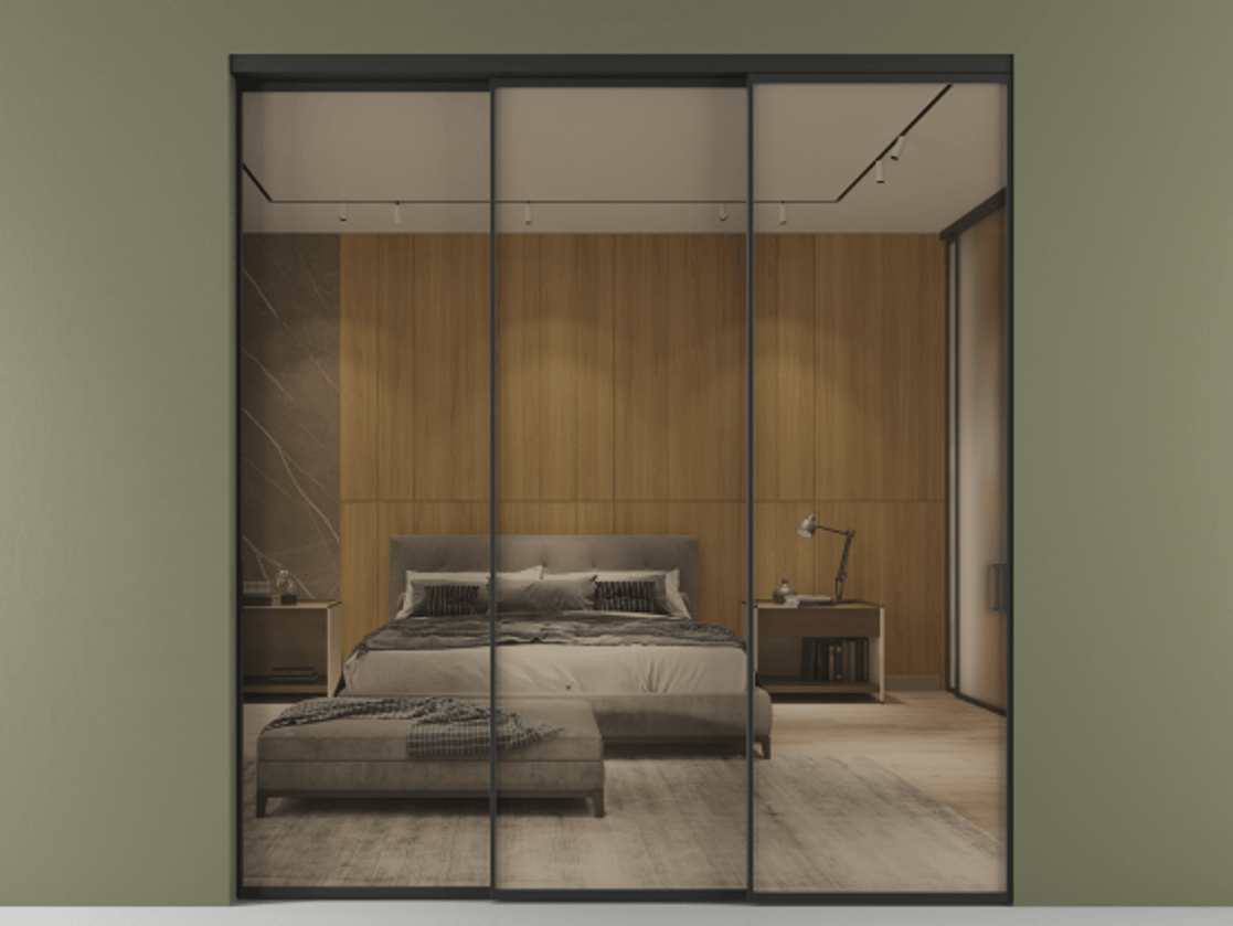 Перегородка Формато внутри проёма 3 створки с синхронным механизмом АЛПР 040.01 Алюминий Черный Рефлективное бронзовое стекло "Стопсол", калёное Цена 368850 ₽  | Volhovec