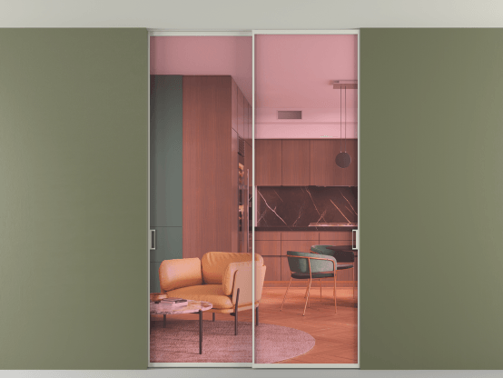 Алюминевая перегородка vn2_01 Алюминий тёплый серый Прозрачное розовое стекло, триплекс, 6мм. Цвет Алюминий тёплый серый. Материал Алюминий в эмали. Коллекция Перегородка Формато внутри проёма скрытое крепление в потолок 2 створки. Картинка.